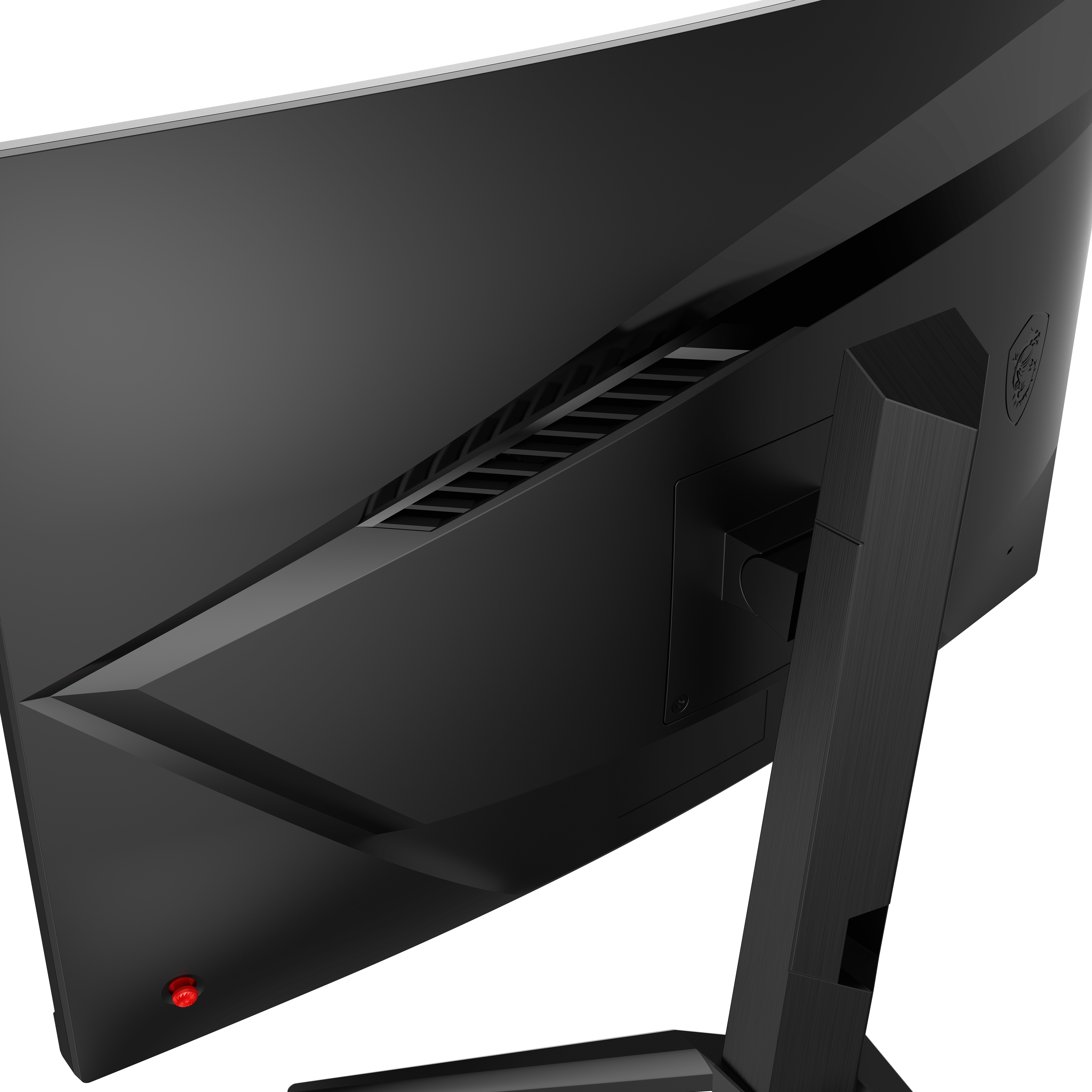 Rückseite eines schwarzen Gaming-Monitors mit Lüftungsschlitzen, rotem Ein-/Ausschalter und Ständer.