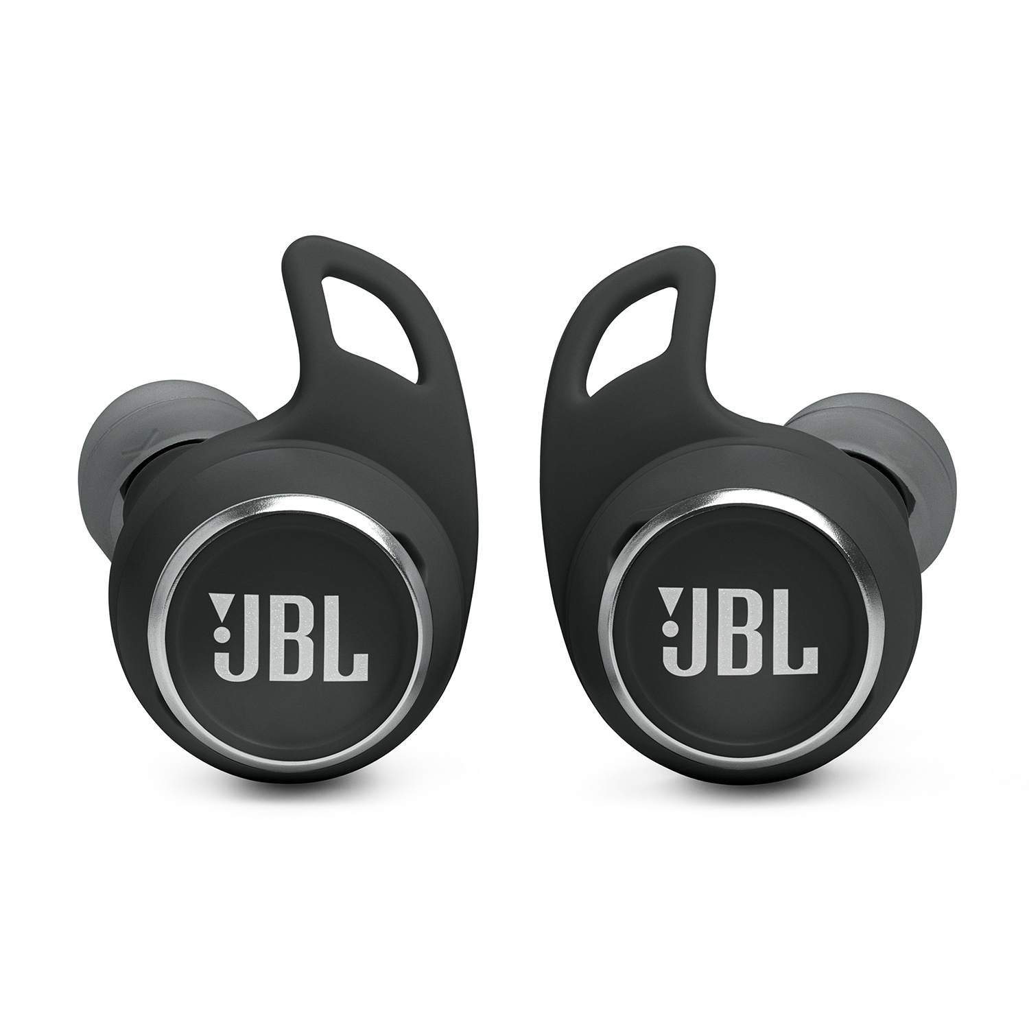 Due auricolari JBL neri con loghi argentati, su sfondo bianco.