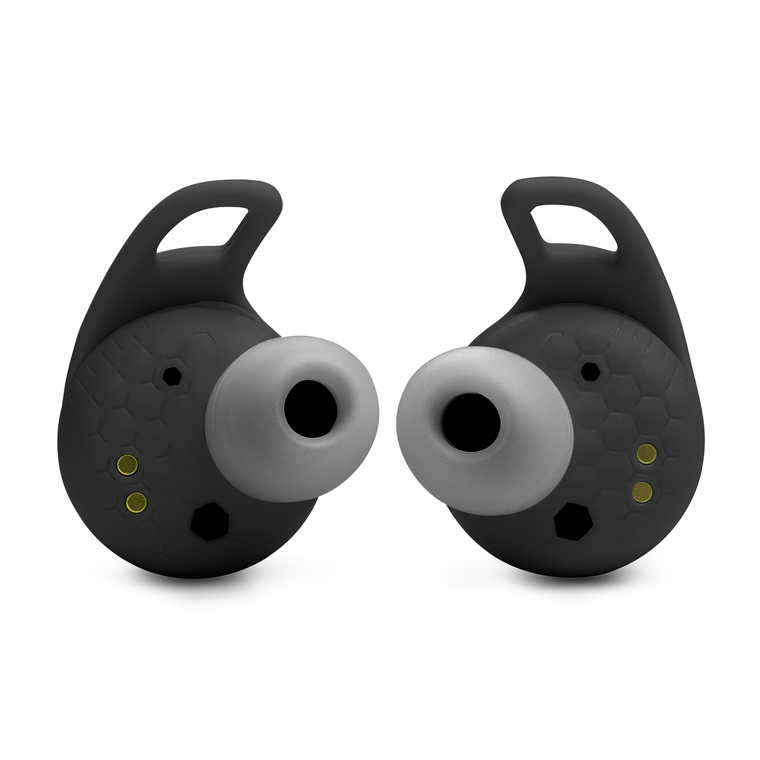 Coppia di auricolari wireless neri con inserti auricolari grigi, vista angolata.