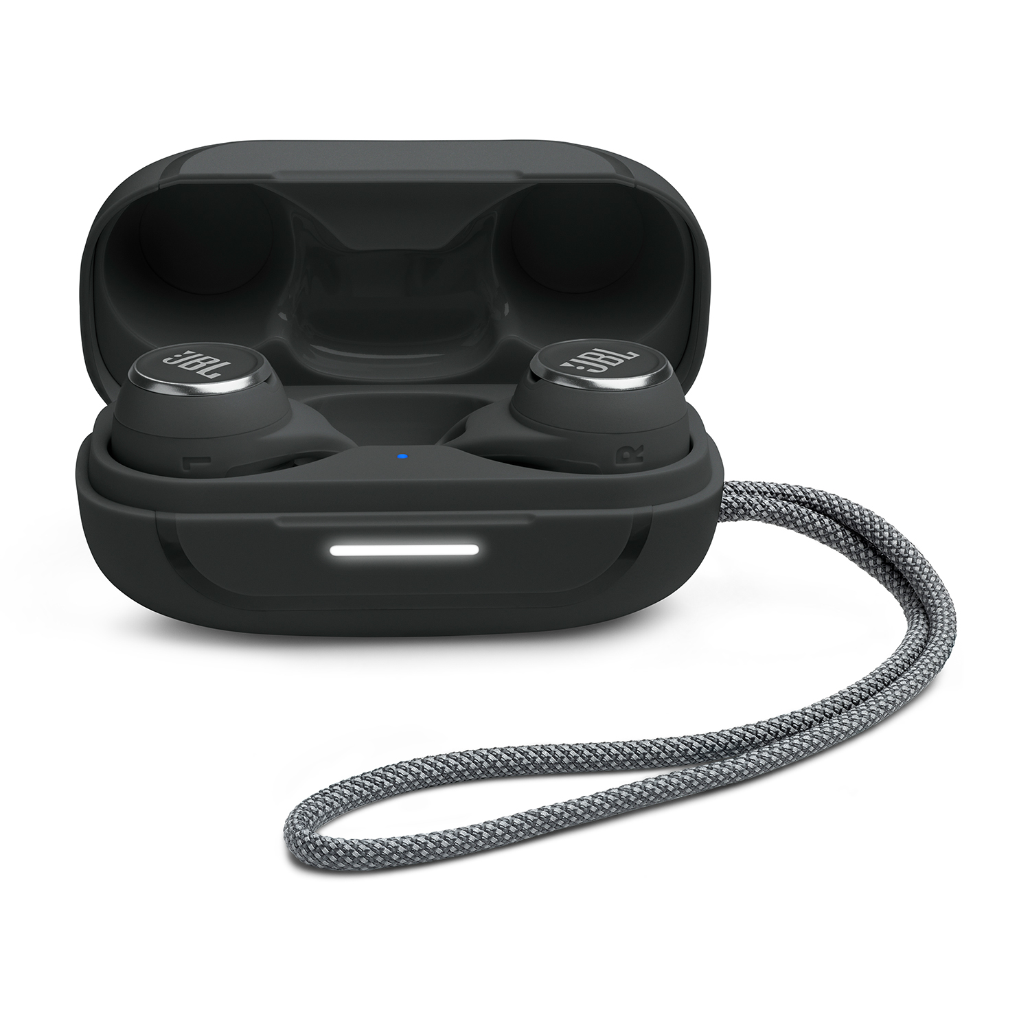Auricolari JBL neri in custodia di ricarica con cinturino grigio, su sfondo bianco.