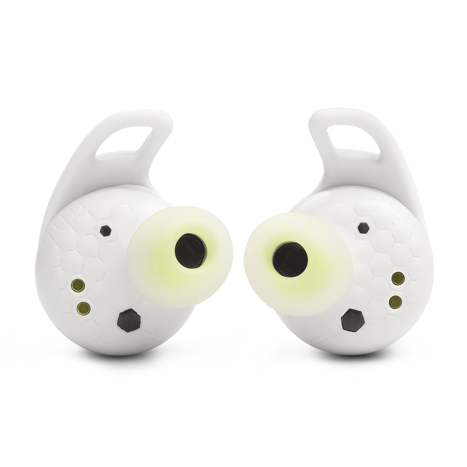 Auricolari bianchi con punte gialle e dettagli neri. Sfondo bianco.