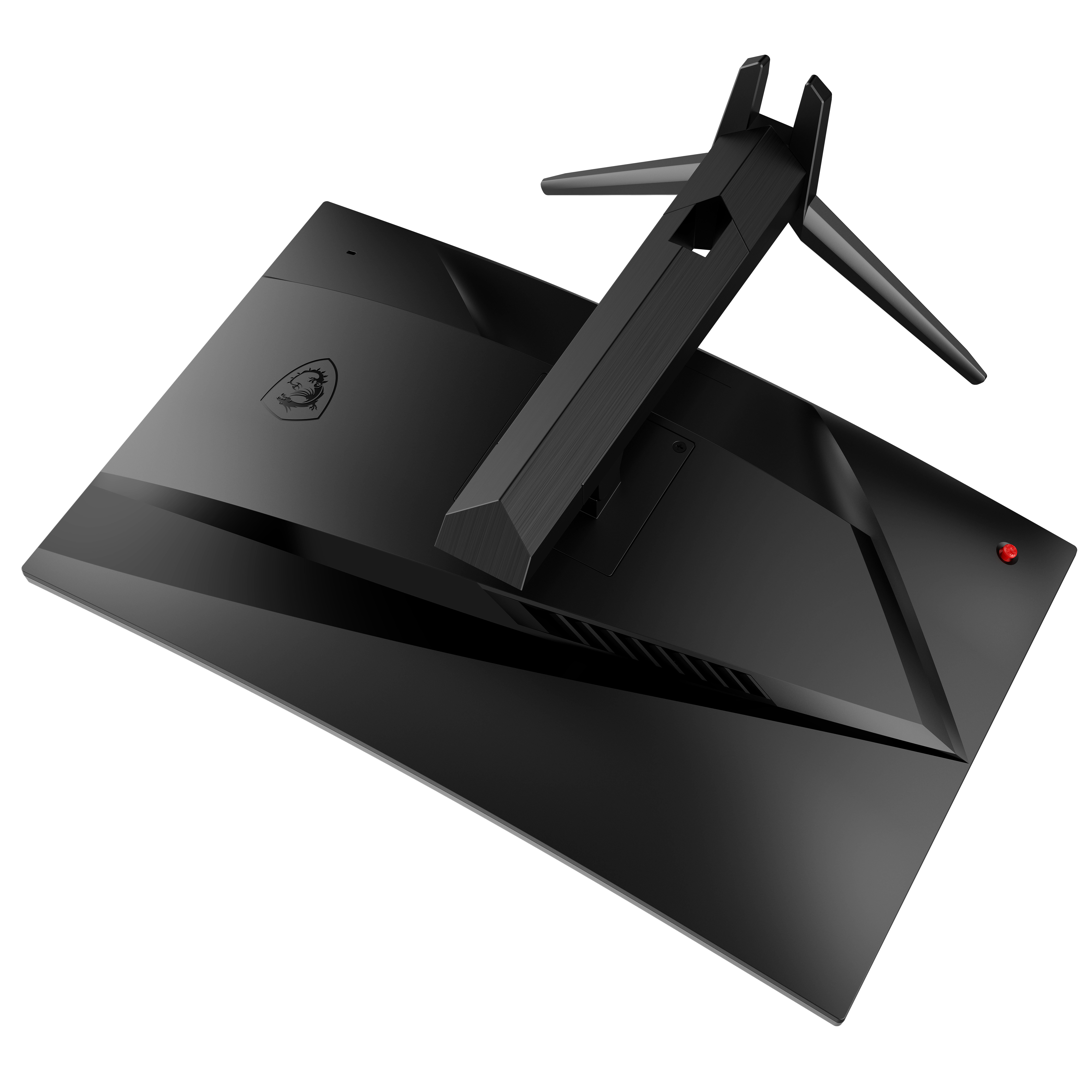 Nahaufnahme der Rückseite eines schwarzen Computermonitors mit Ständer und roter Ein-/Aus-Taste.