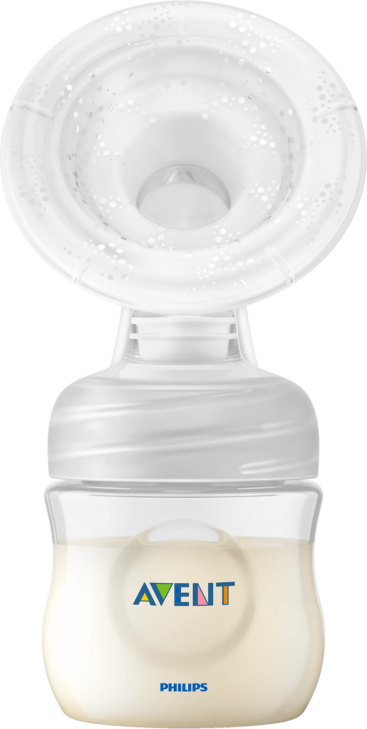 Eine weiße Philips Avent Brustpumpe mit einer mit Milch gefüllten Flasche.