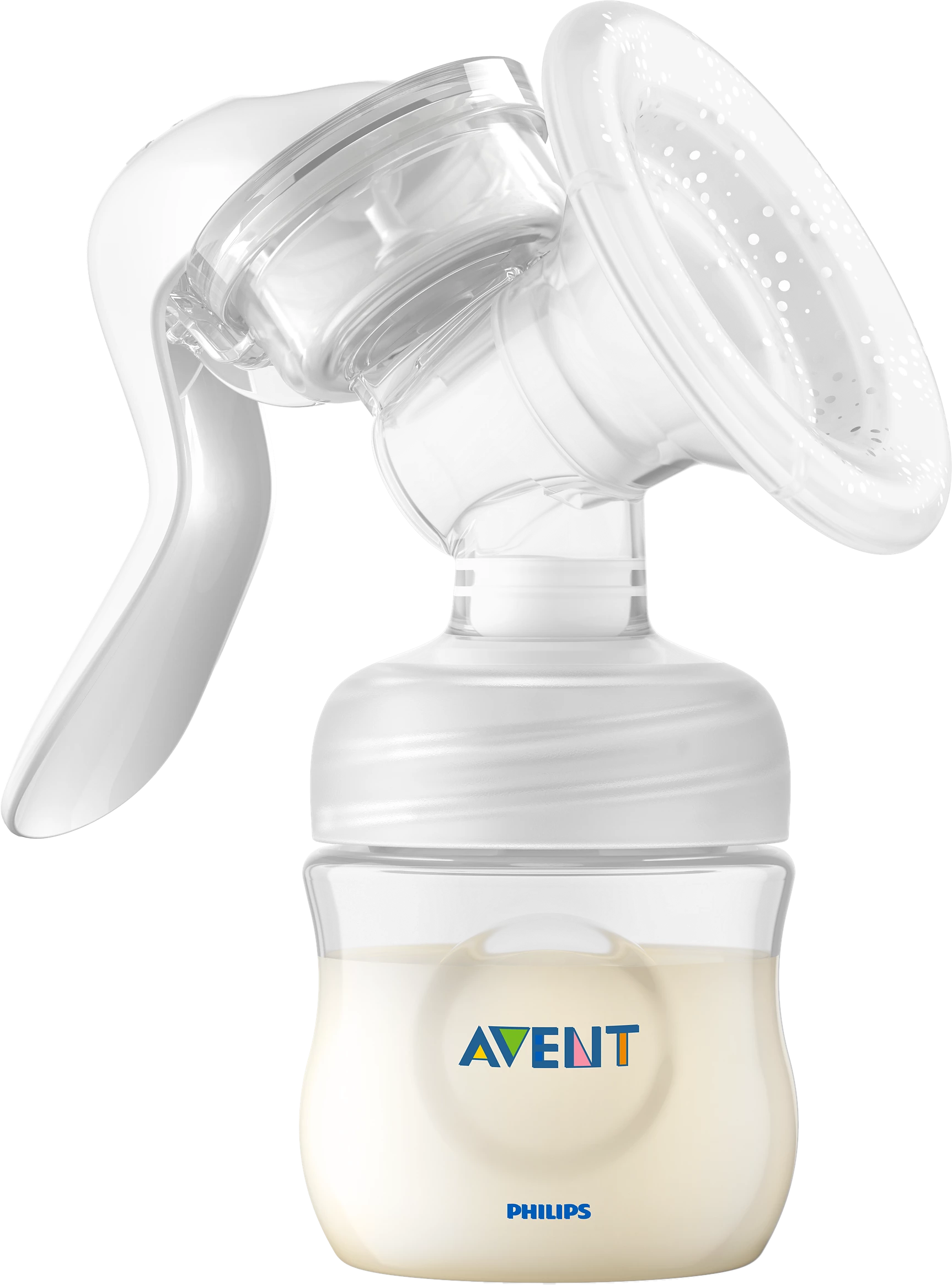 Weiße Milchpumpe mit Flasche, Milch; weißer Griff und Flasche.