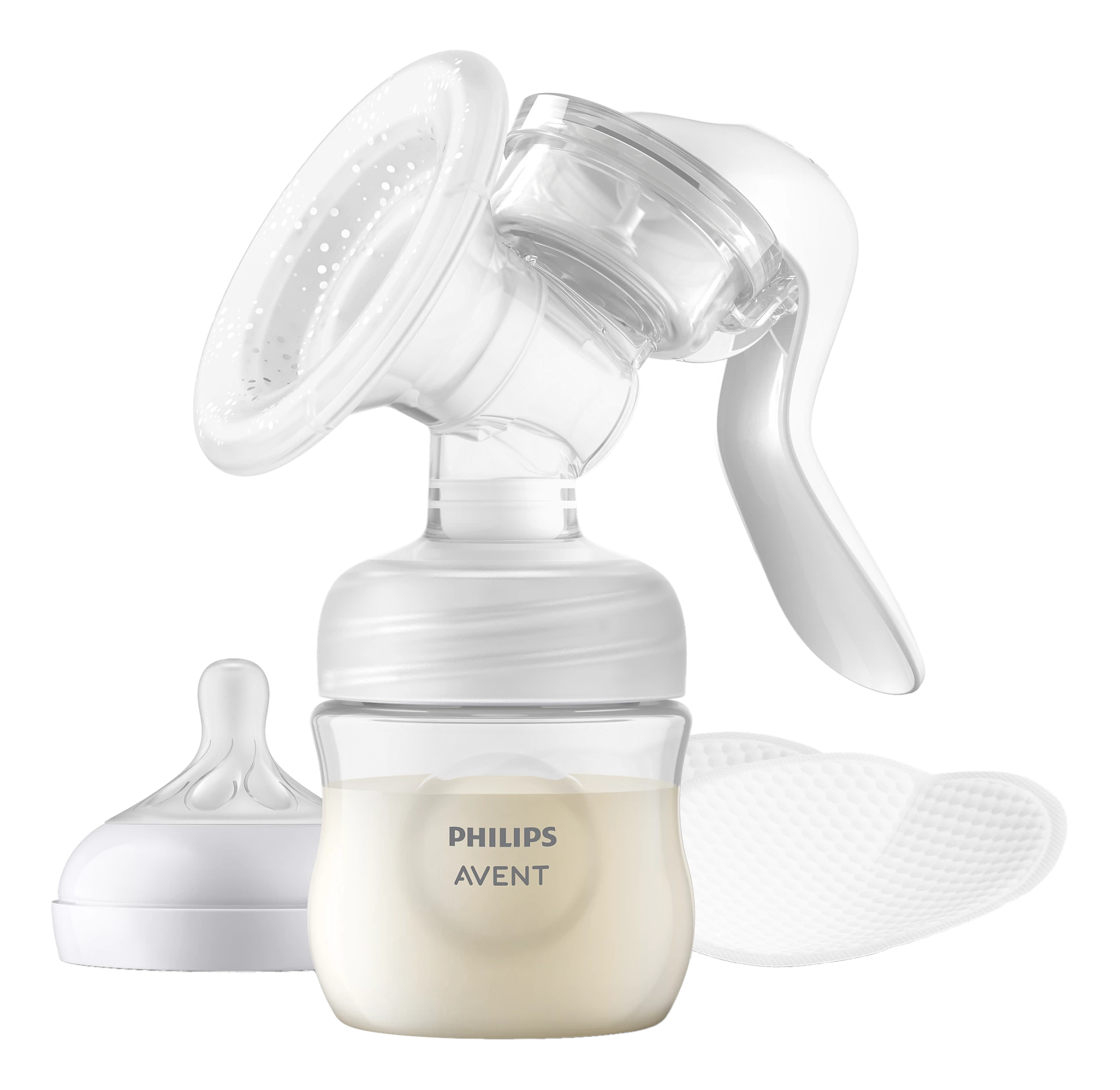 Philips Avent manuelle Brustpumpe mit Flasche, Sauger, Milchaufbewahrung und Stilleinlagen.