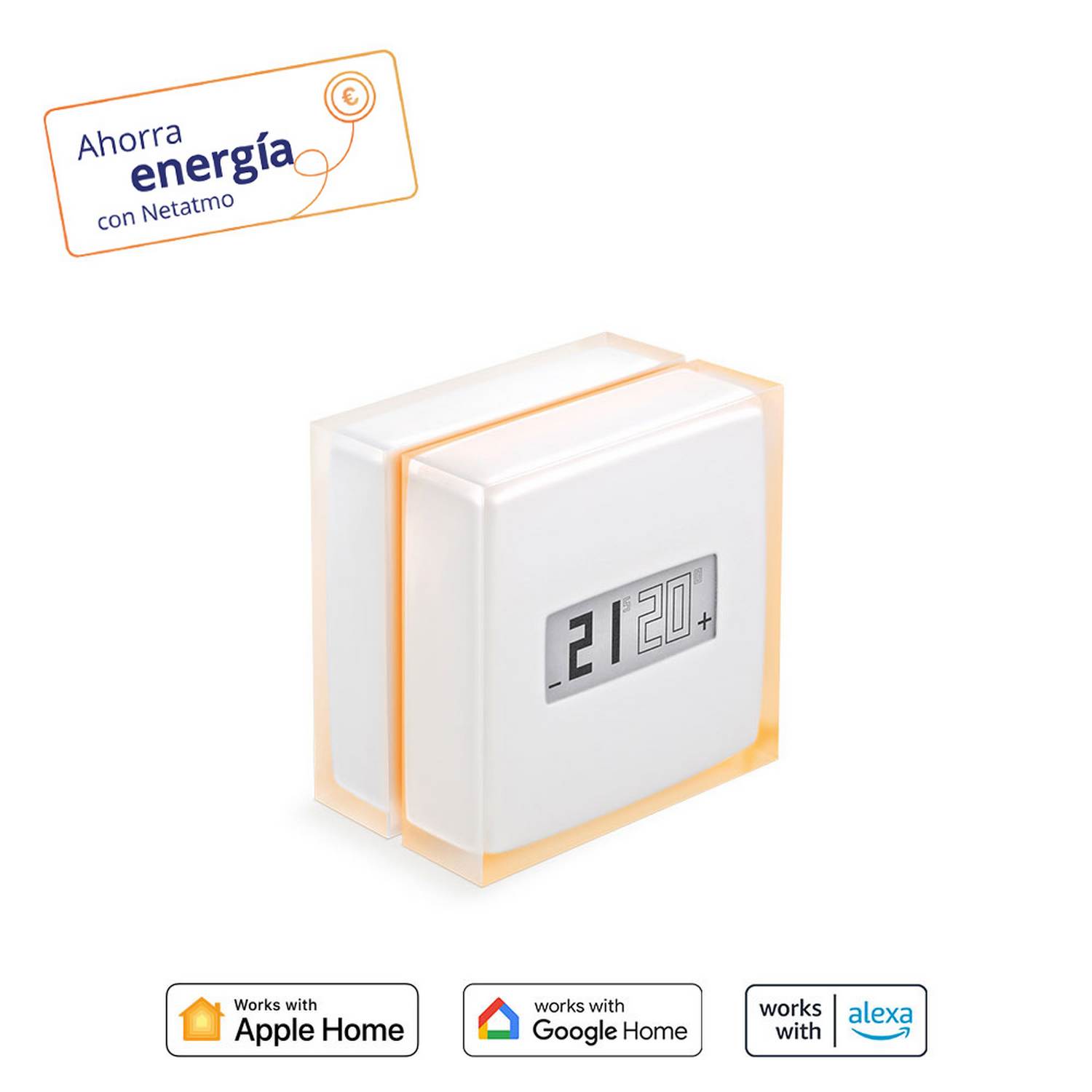 Un termostato inteligente blanco y naranja con la pantalla que muestra 21.20 y un signo más.