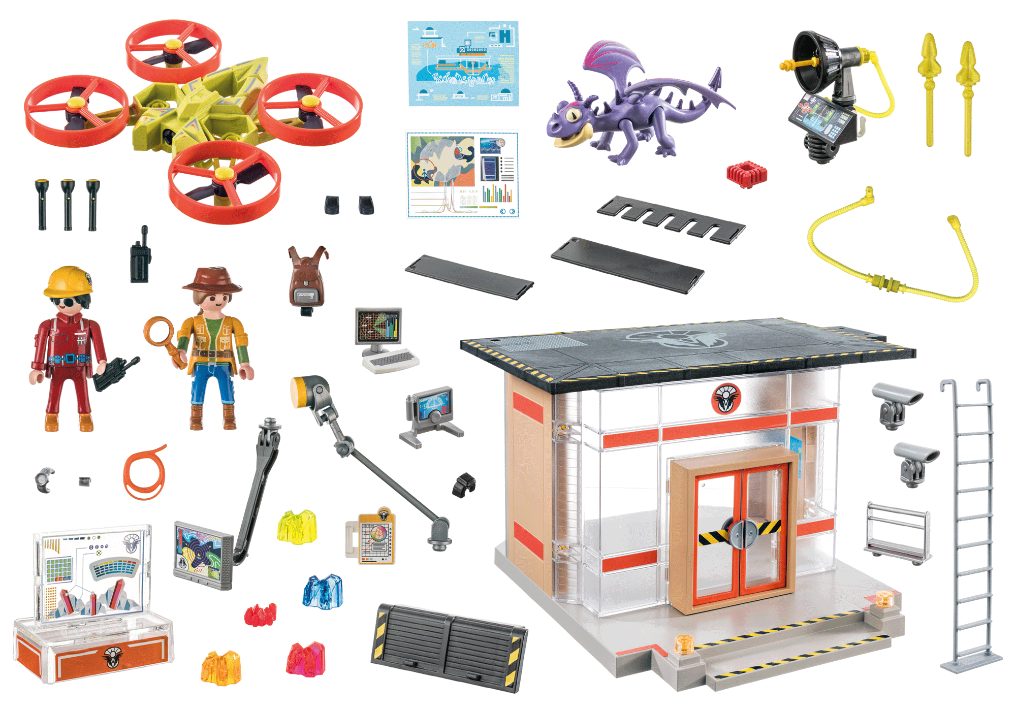 Playmobil-Set: Figuren, Drohne, Drache, Gebäude mit Zubehör.