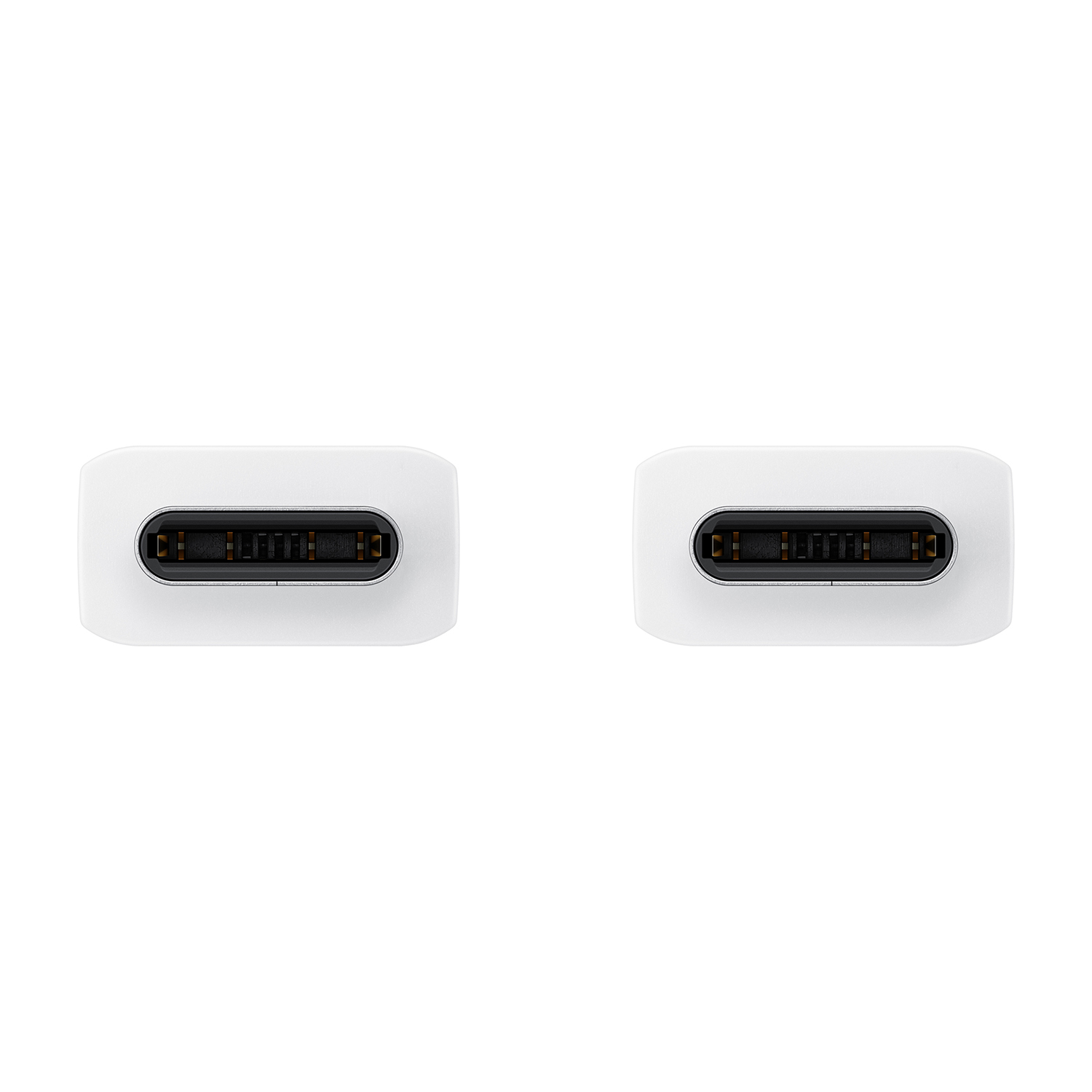 Due connettori USB-C bianchi, uno accanto all'altro su sfondo bianco.