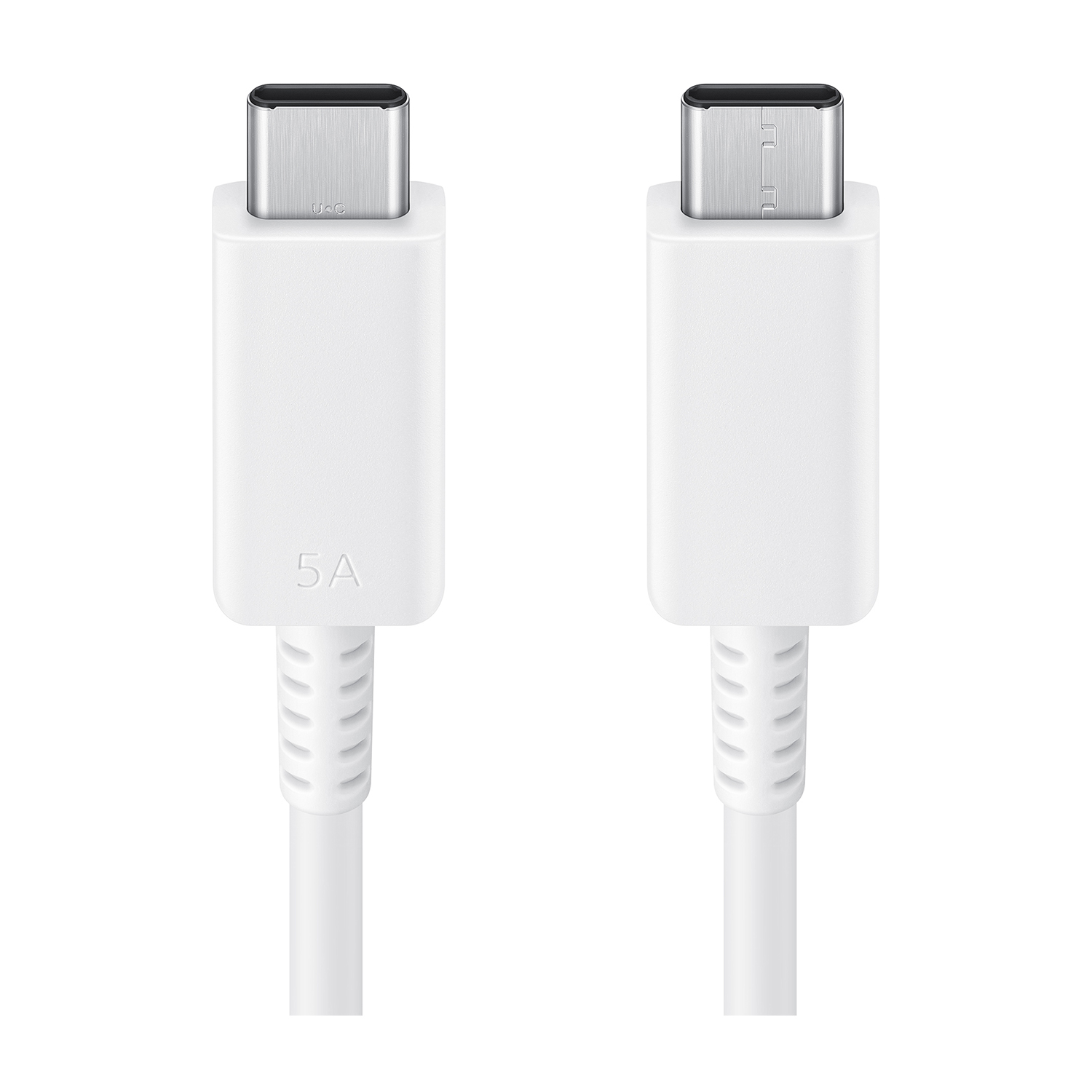 Due cavi USB-C bianchi affiancati, ciascuno con un connettore a un'estremità. I cavi hanno l'etichetta 5A.