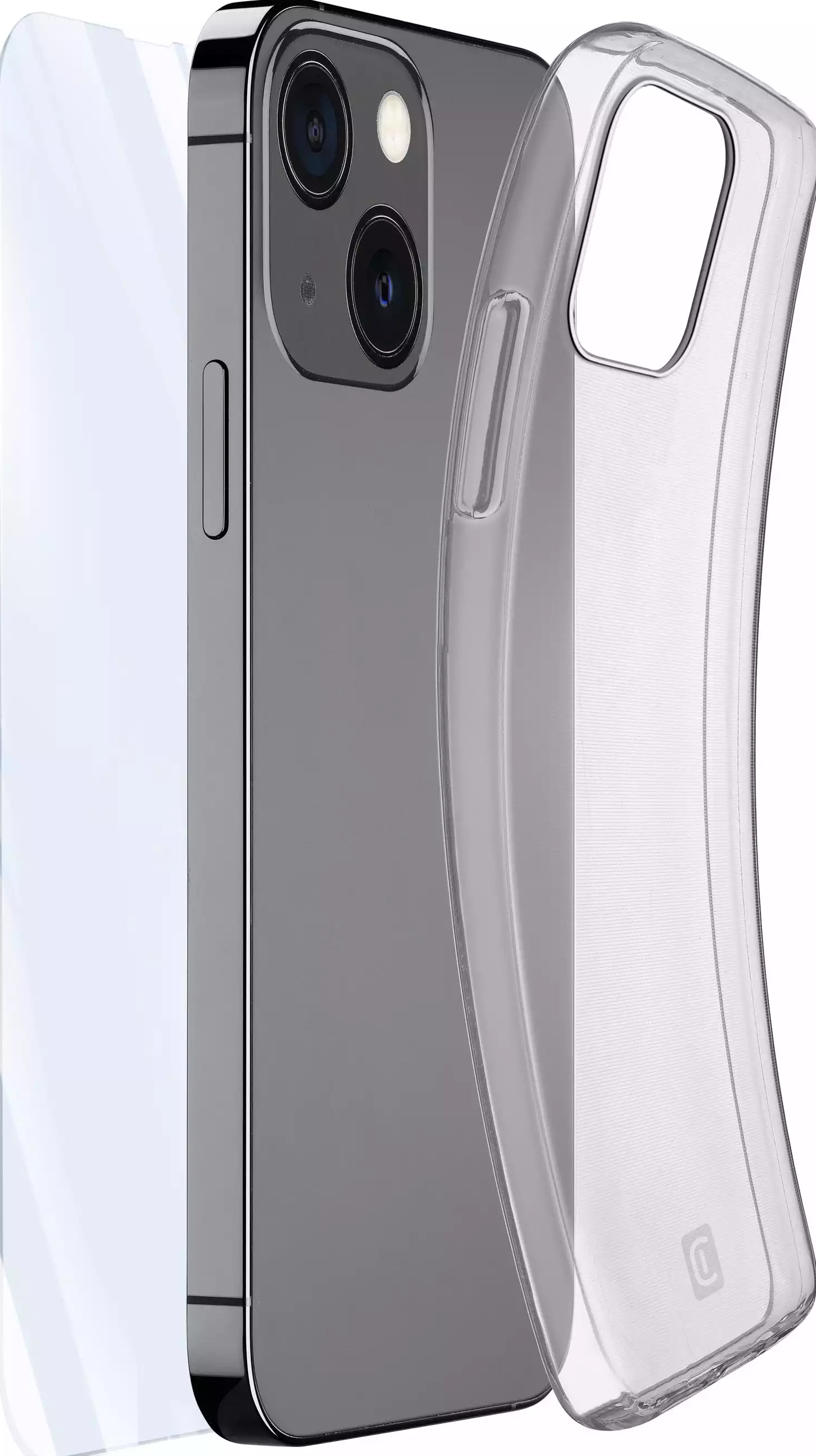 iPhone mit Displayschutz und klarer Hülle. Das Telefon ist in der Mitte, mit einer Hülle rechts.