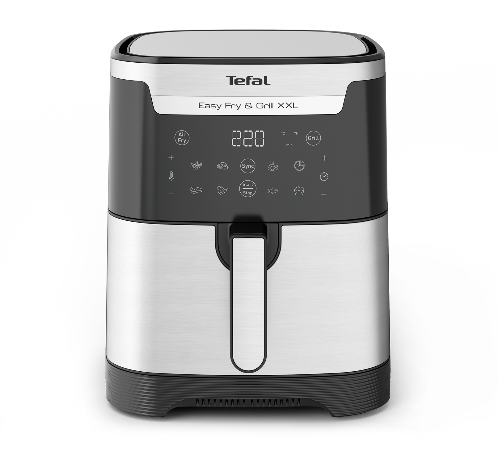 Tefal Easy Fry & Grill XXL air fryer, silver and black design, digital display, black background.