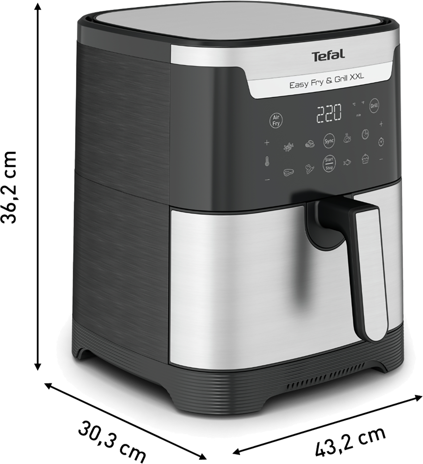 An air fryer with a black body and a silver front panel. Dimensions are provided on the image.