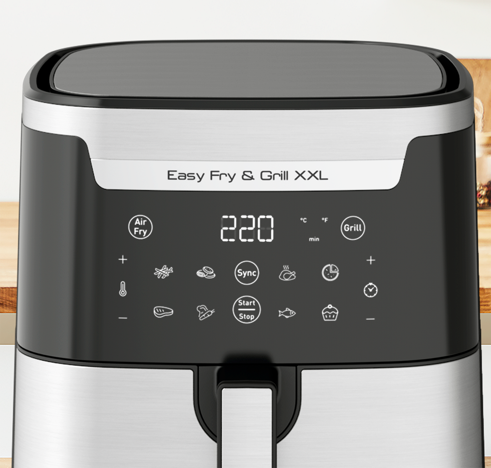 An air fryer with a digital display showing the settings and temperature.