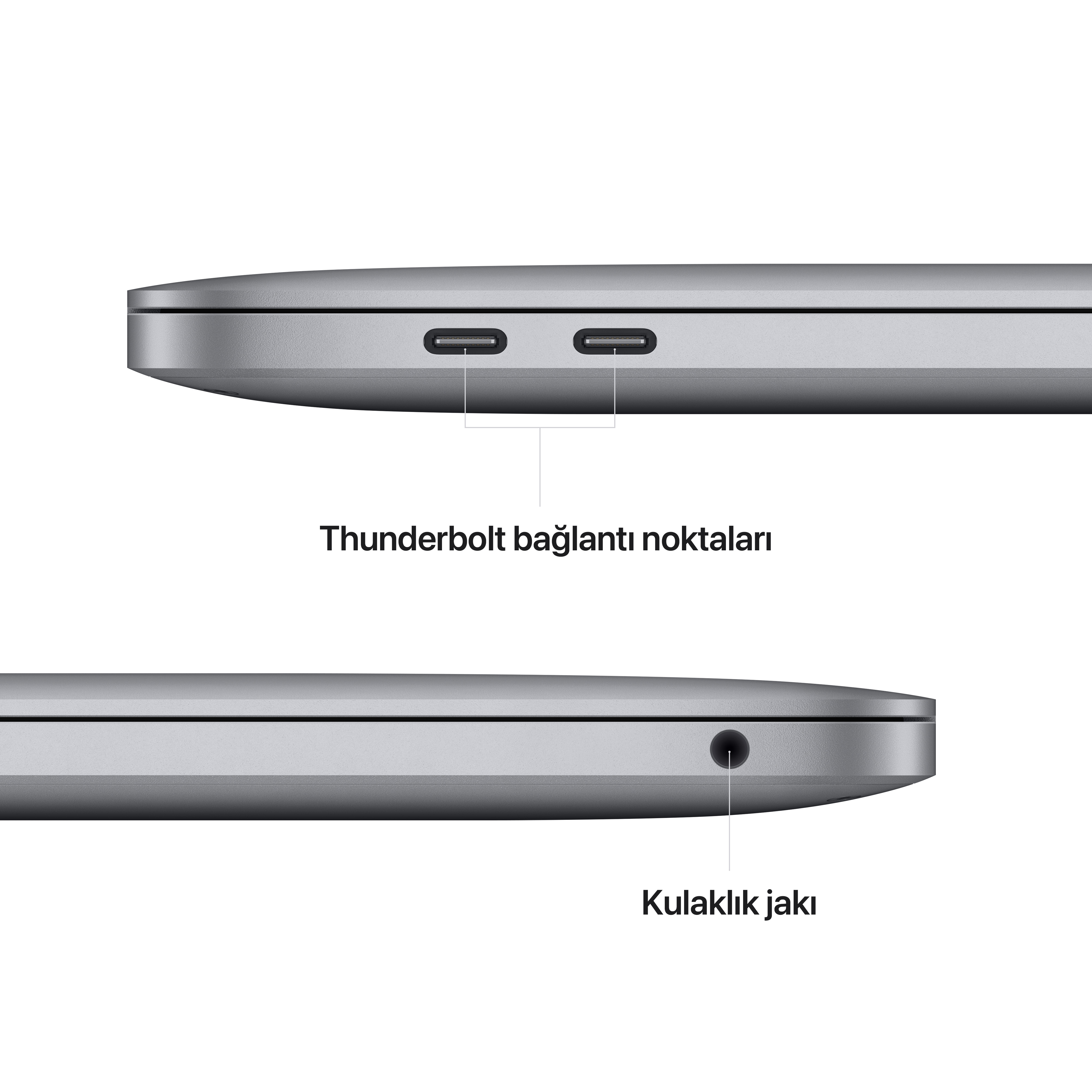 İki USB-C bağlantı noktası ve bir kulaklık jakı bulunan bir dizüstü bilgisayarın yakından görünümü.