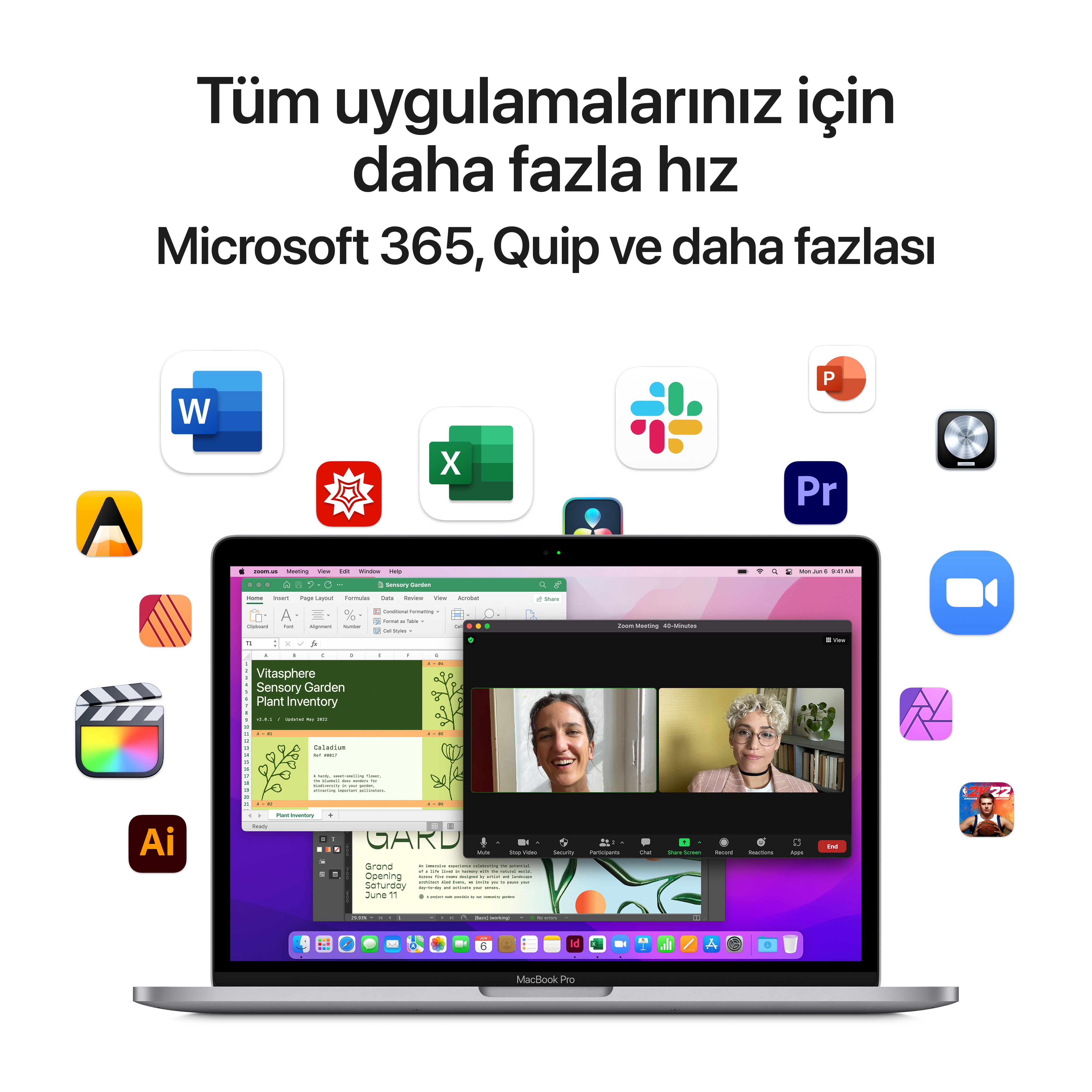Uygulamaları gösteren dizüstü bilgisayar ekranı: Microsoft 365, Quip, Word ve diğerleri.