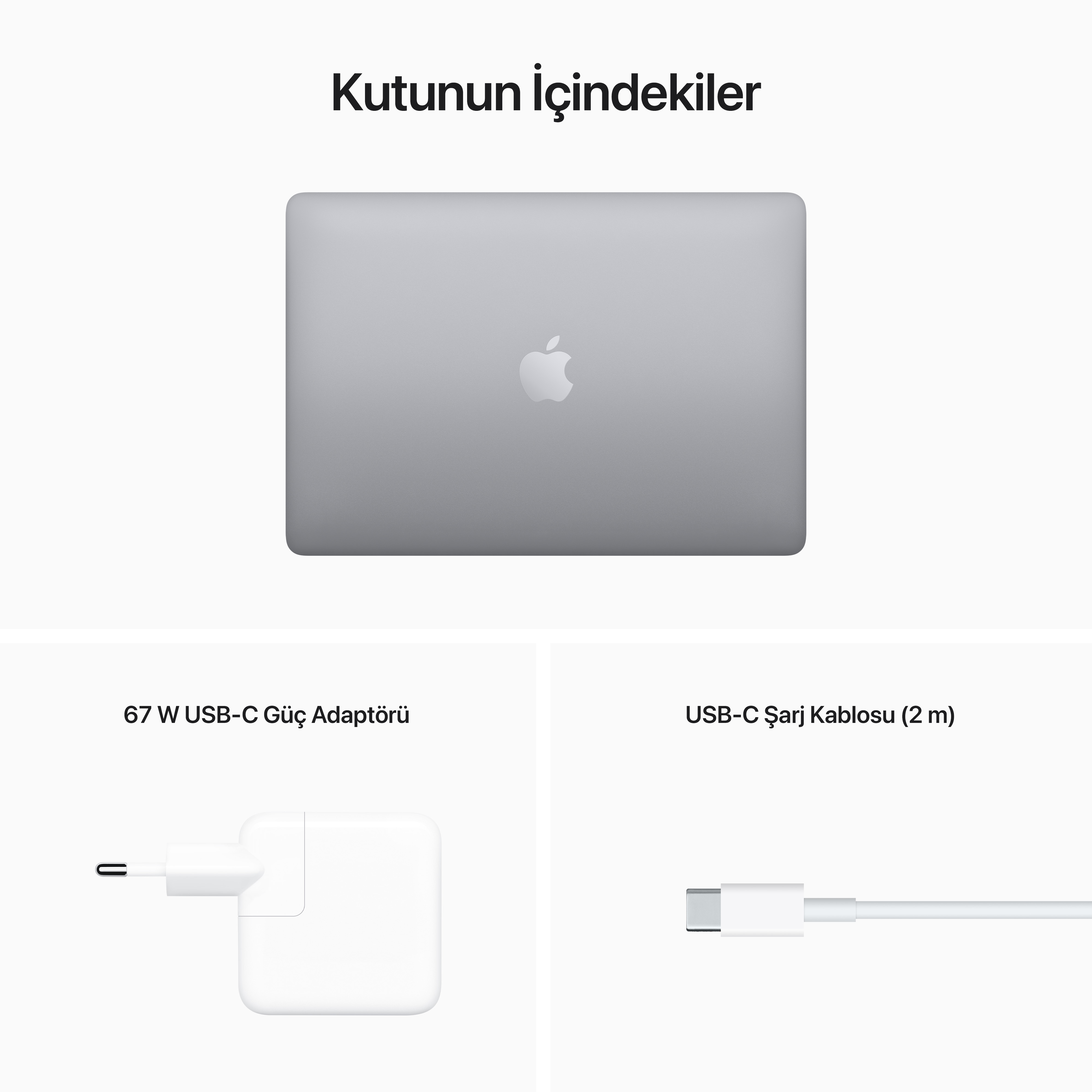 Apple logosu, şarj cihazı ve şarj kablosu olan gümüş bir dizüstü bilgisayarın üstten görünümü.
