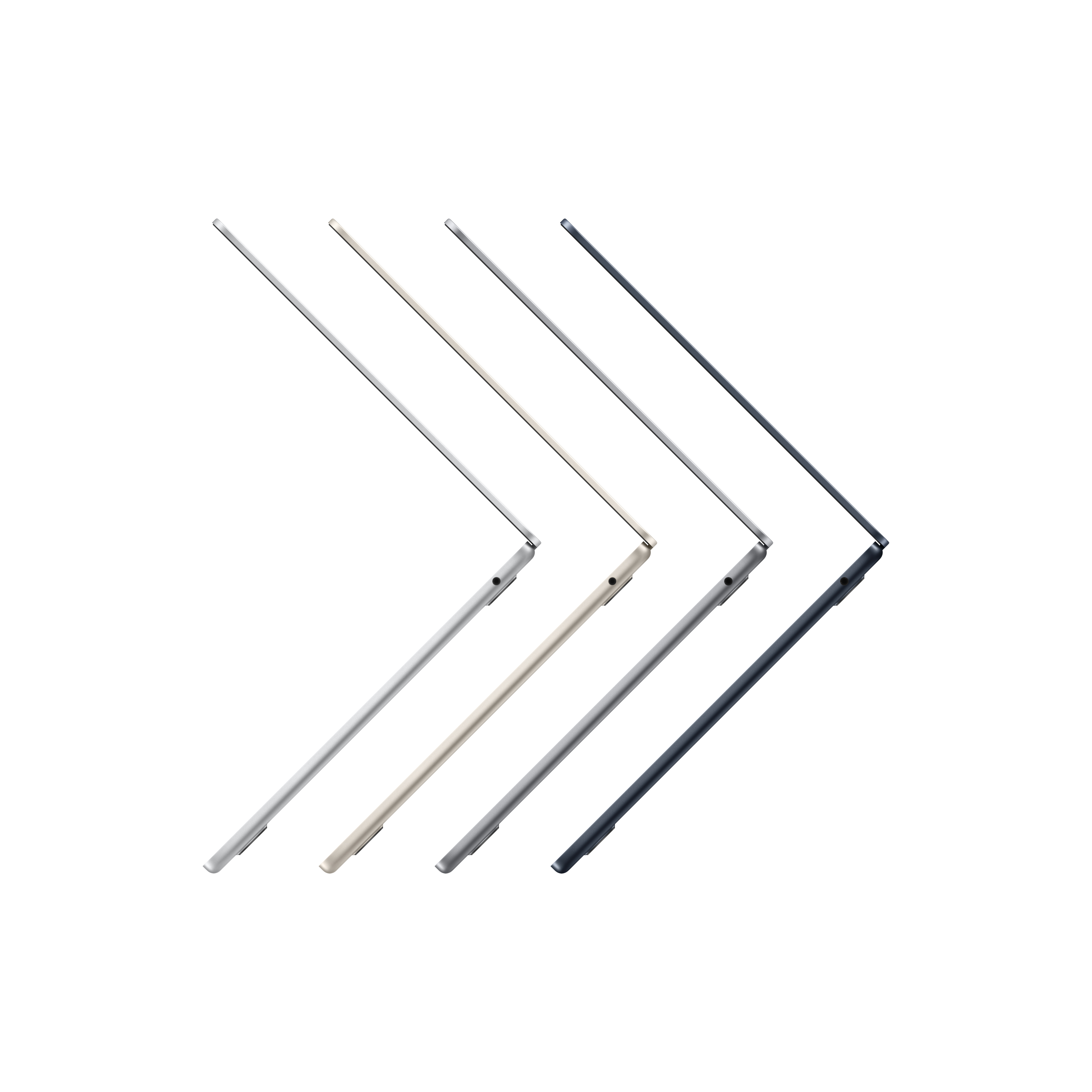 Çeşitli renklerde beş dizüstü bilgisayar. Dizüstü bilgisayarlar yan yana, hafif açılı, beyaz bir arka plan üzerinde.