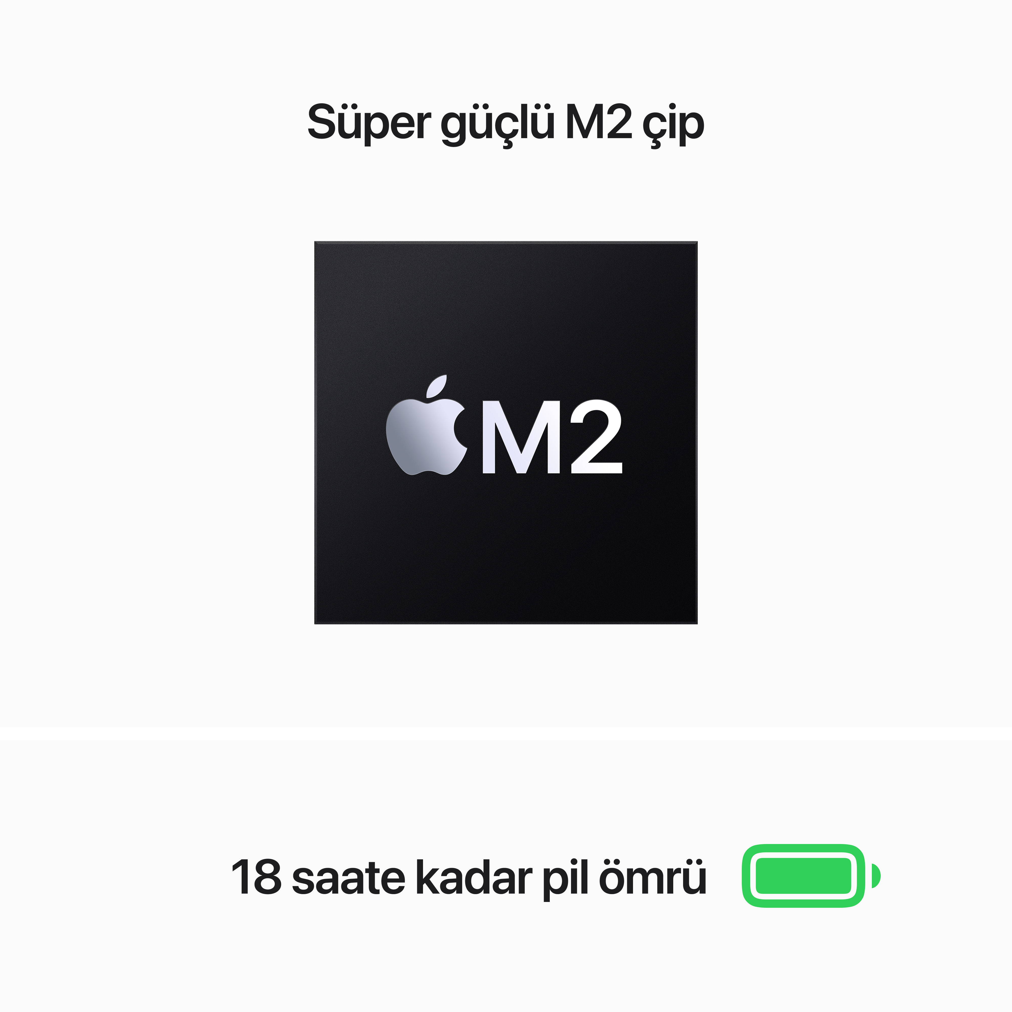 Beyaz arka planda Apple logosu olan siyah M2 çip ve pil ömrü grafiği.