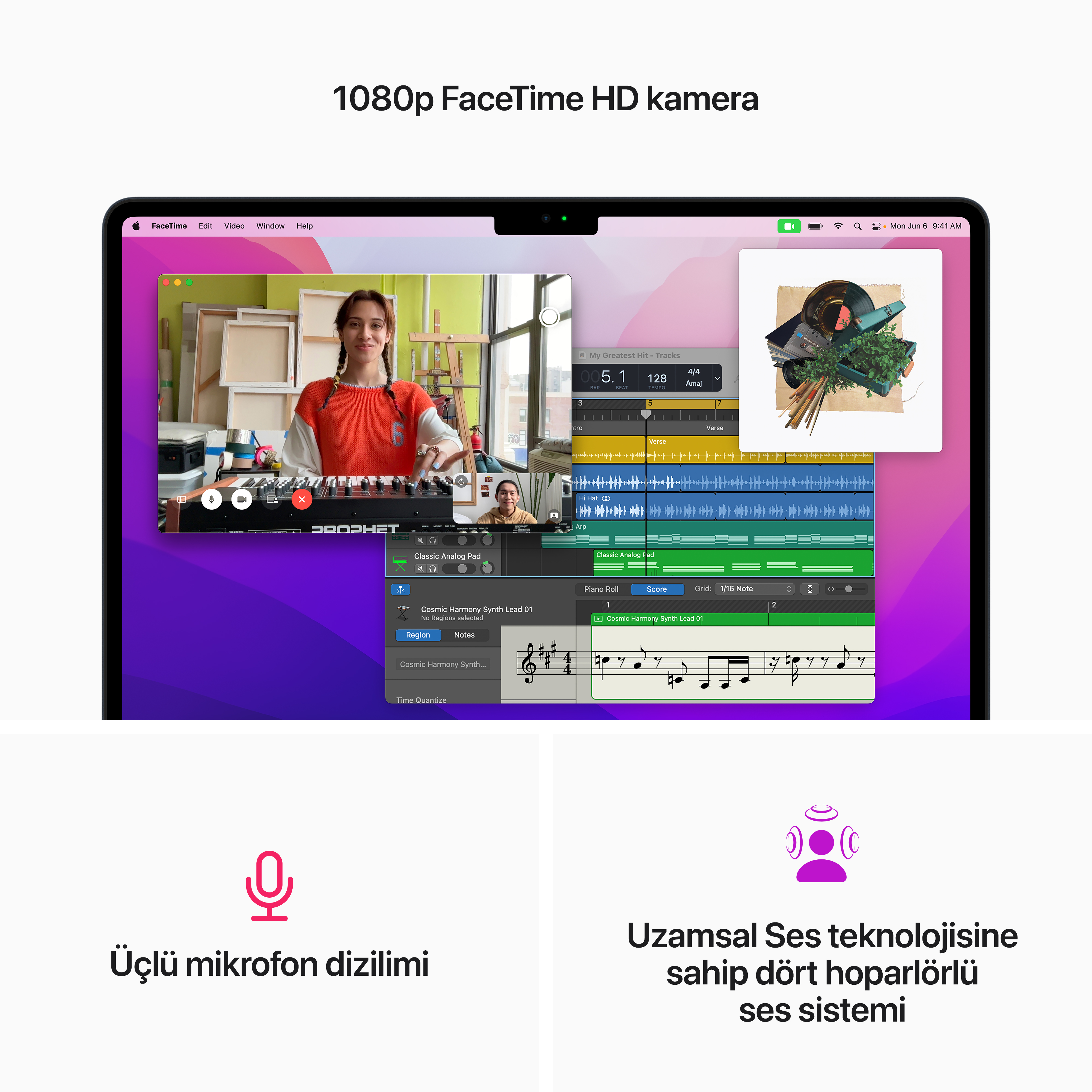 Bir kadın, müzik prodüksiyon yazılımı ve diğer uygulamaları gösteren bir dizüstü bilgisayar ekranı.