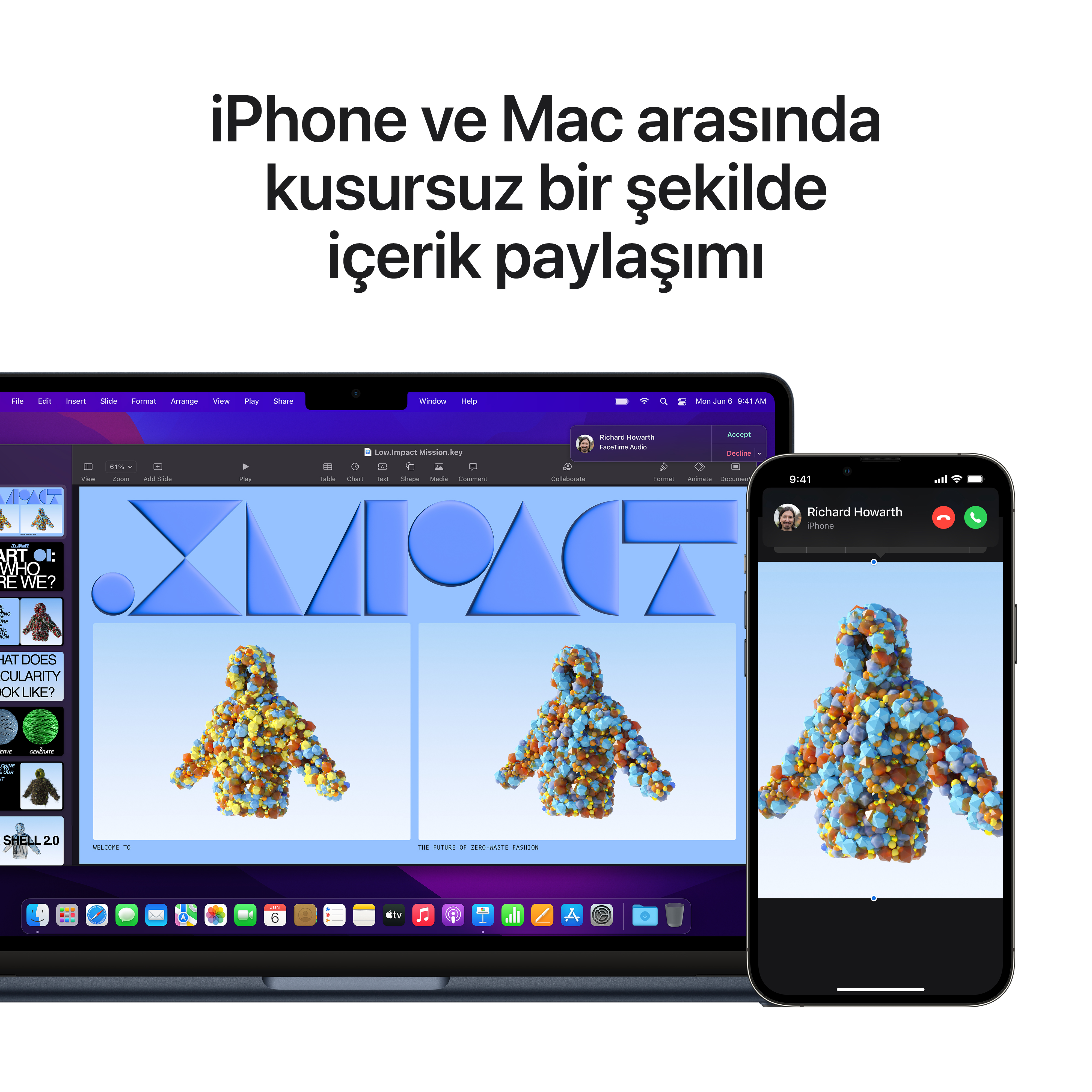 iPhone ve Mac içerik paylaşır. Bir dizüstü bilgisayar sunum gösterir, bir telefon aynı içeriği görüntüler.
