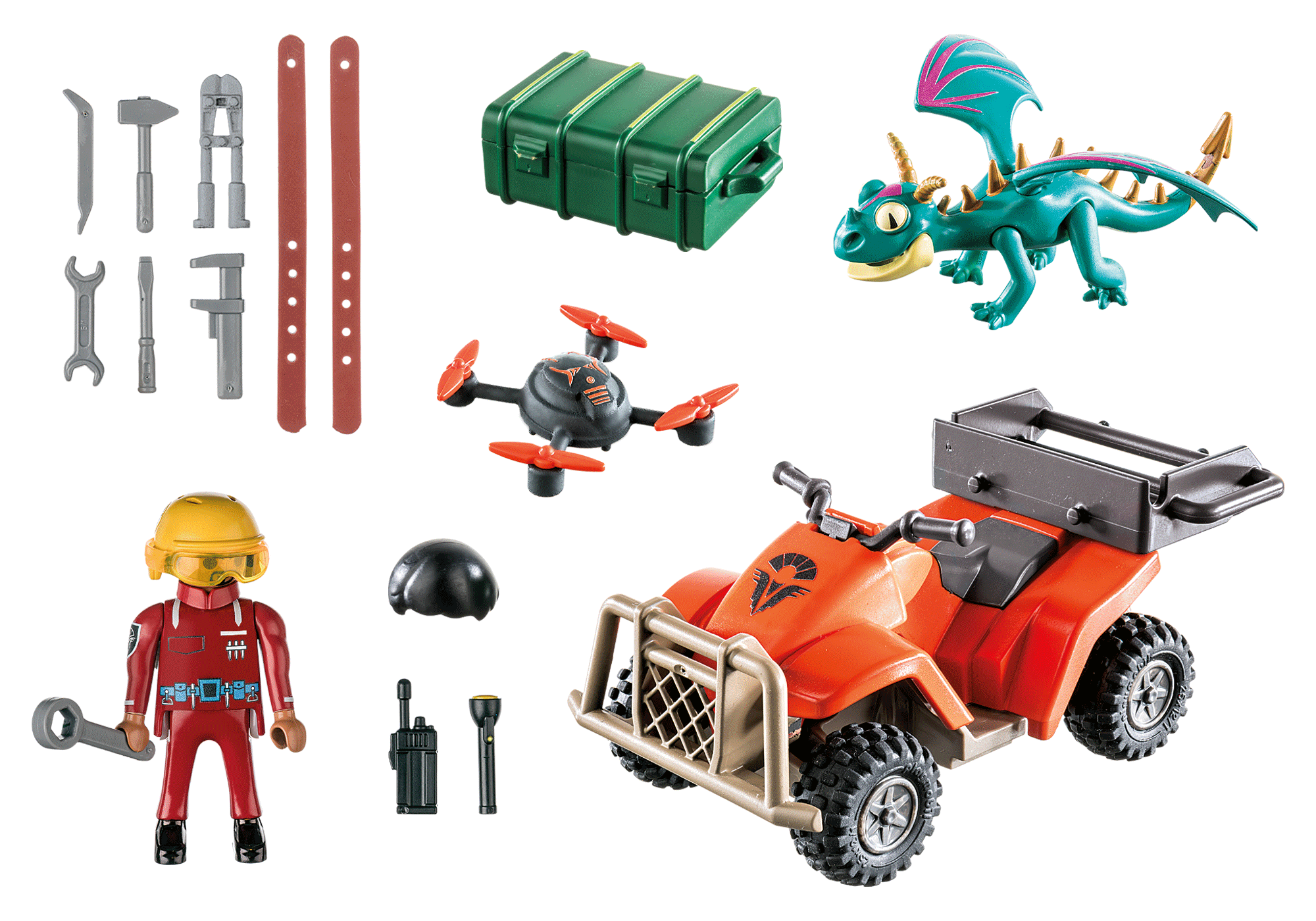 Eine Sammlung von Spielfiguren, darunter ein rotes ATV, ein grüner Drache, Werkzeuge und eine Figur in roter Kleidung.