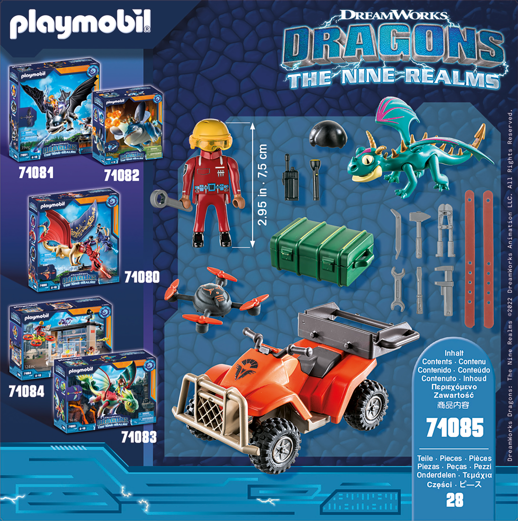 Ein Playmobil-Spielset mit Figuren, einem Fahrzeug und diversen Zubehörteilen. Das Thema sind Drachen.