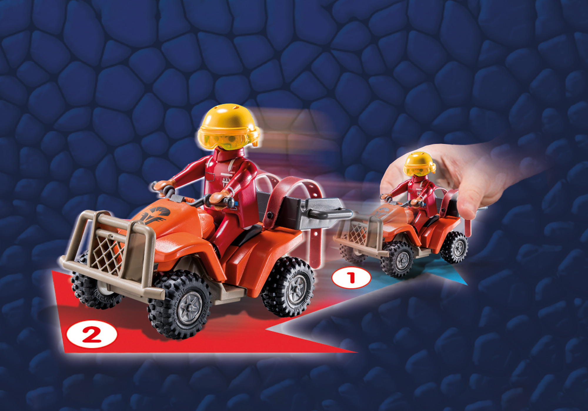 Playmobil Spielszene mit zwei Figuren auf ATVs. Ein ATV ist an einen Anhänger befestigt.