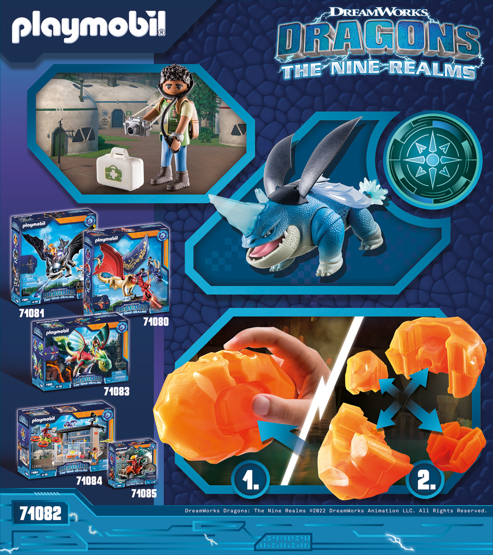 Playmobil Dragons Set: eine Figur, ein Drachenspielzeug und Kartons mit Spielzeug.