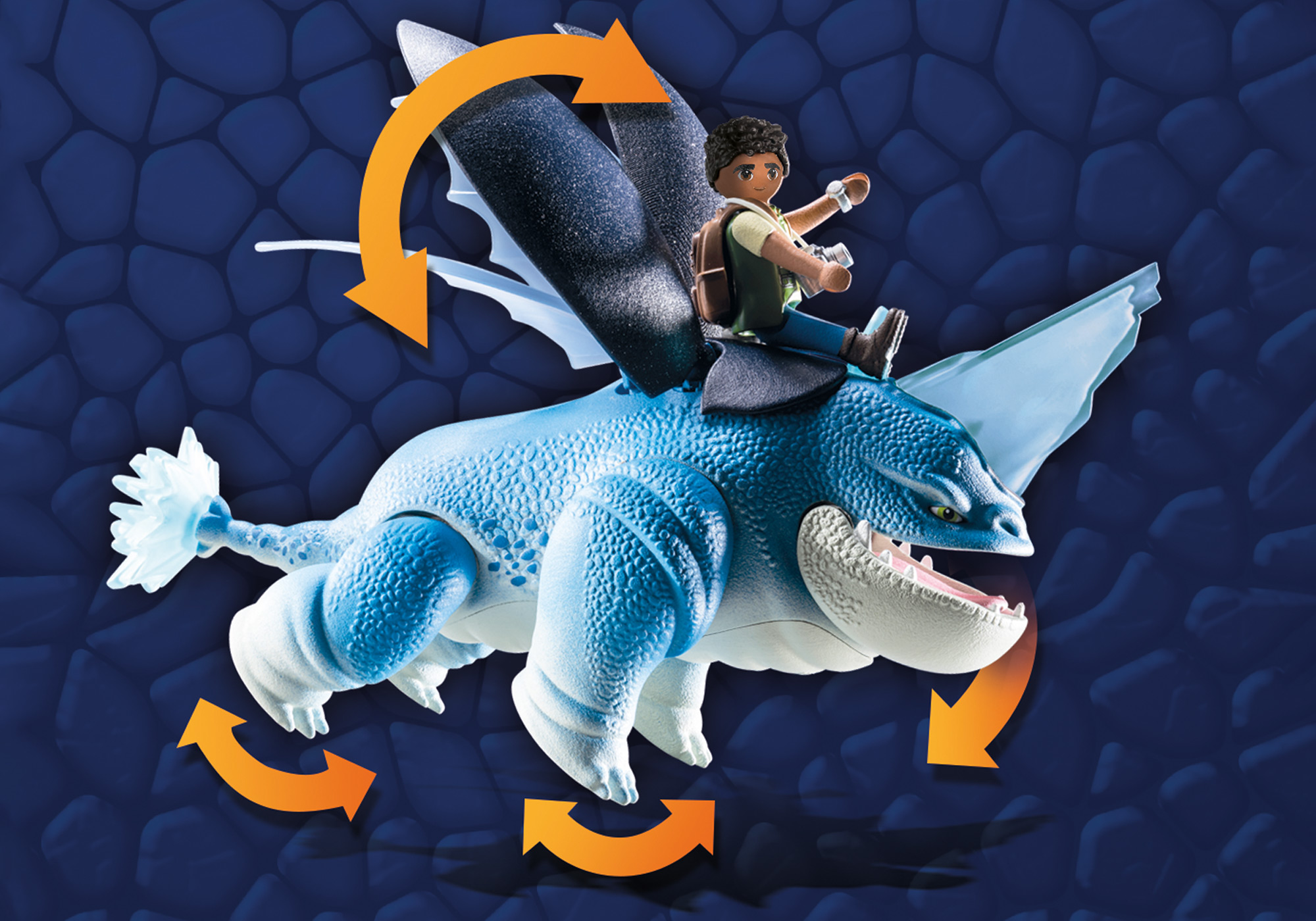 Ein Playmobil-Spielzeug eines Jungen, der einen blauen Drachen reitet, mit Bewegungspfeilen.