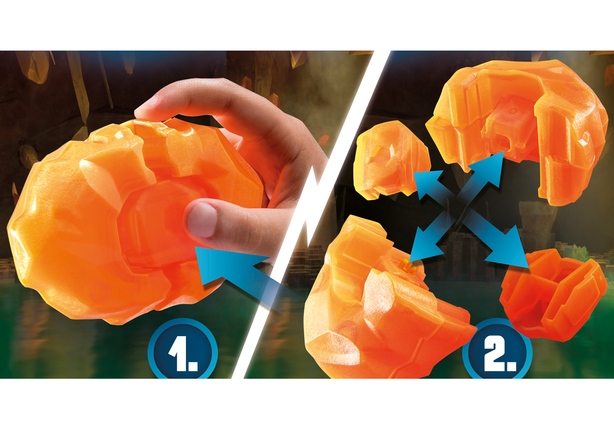 Hände teilen ein orangefarbenes Objekt und zeigen die innere Struktur.