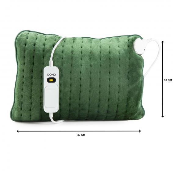Coussin chauffant vert avec contrôleur blanc et dimensions sur l'image.