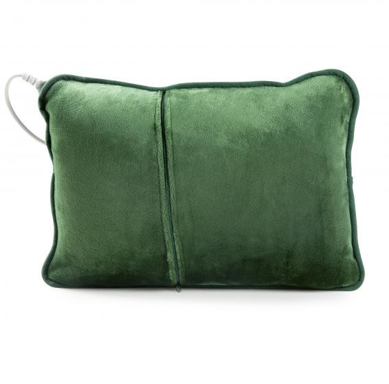Coussin chauffant rectangulaire vert avec cordon d'alimentation, sur fond blanc.