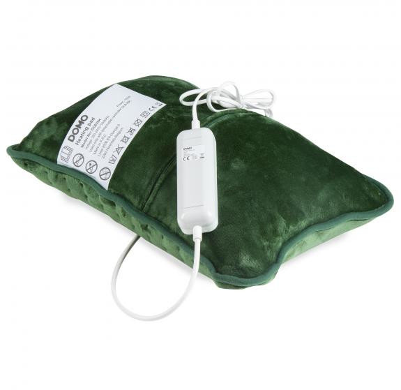 Un coussin chauffant vert avec une unité de contrôle blanche.
