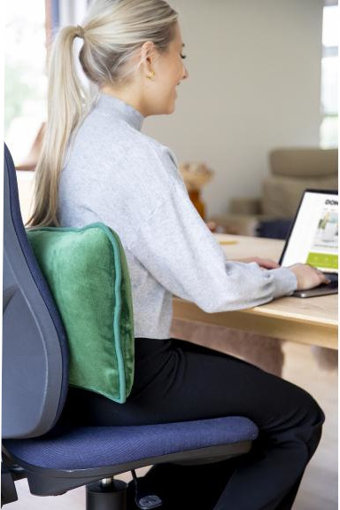 Une femme est assise à un bureau avec un ordinateur portable. Elle a un coussin vert sur la chaise. Un intérieur de maison est en arrière-plan.