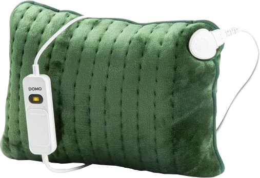 Coussin chauffant vert avec un contrôleur blanc. Il a un cordon d'alimentation blanc.
