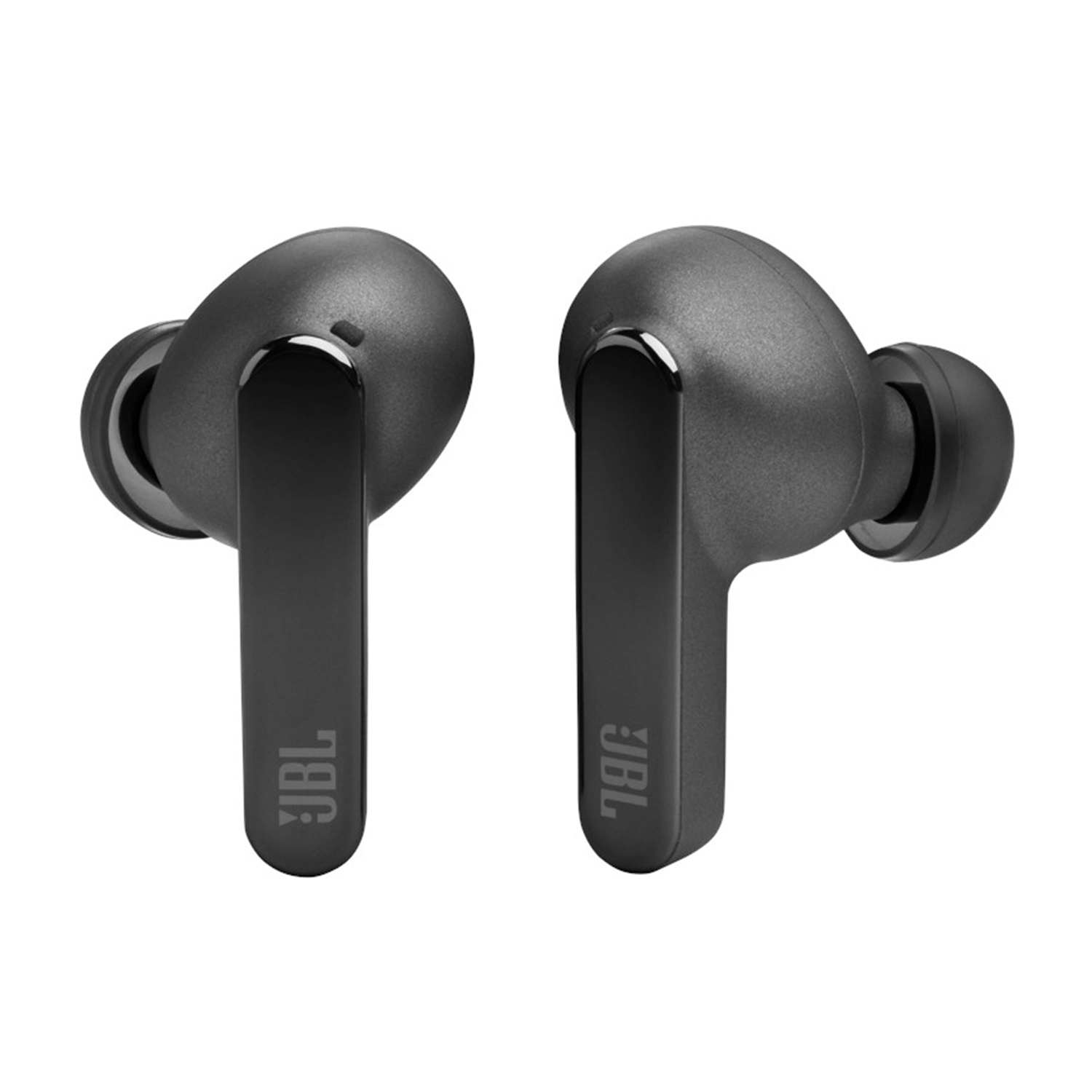 Due auricolari JBL neri. Il marchio è visibile sullo stelo. Lo sfondo è bianco.