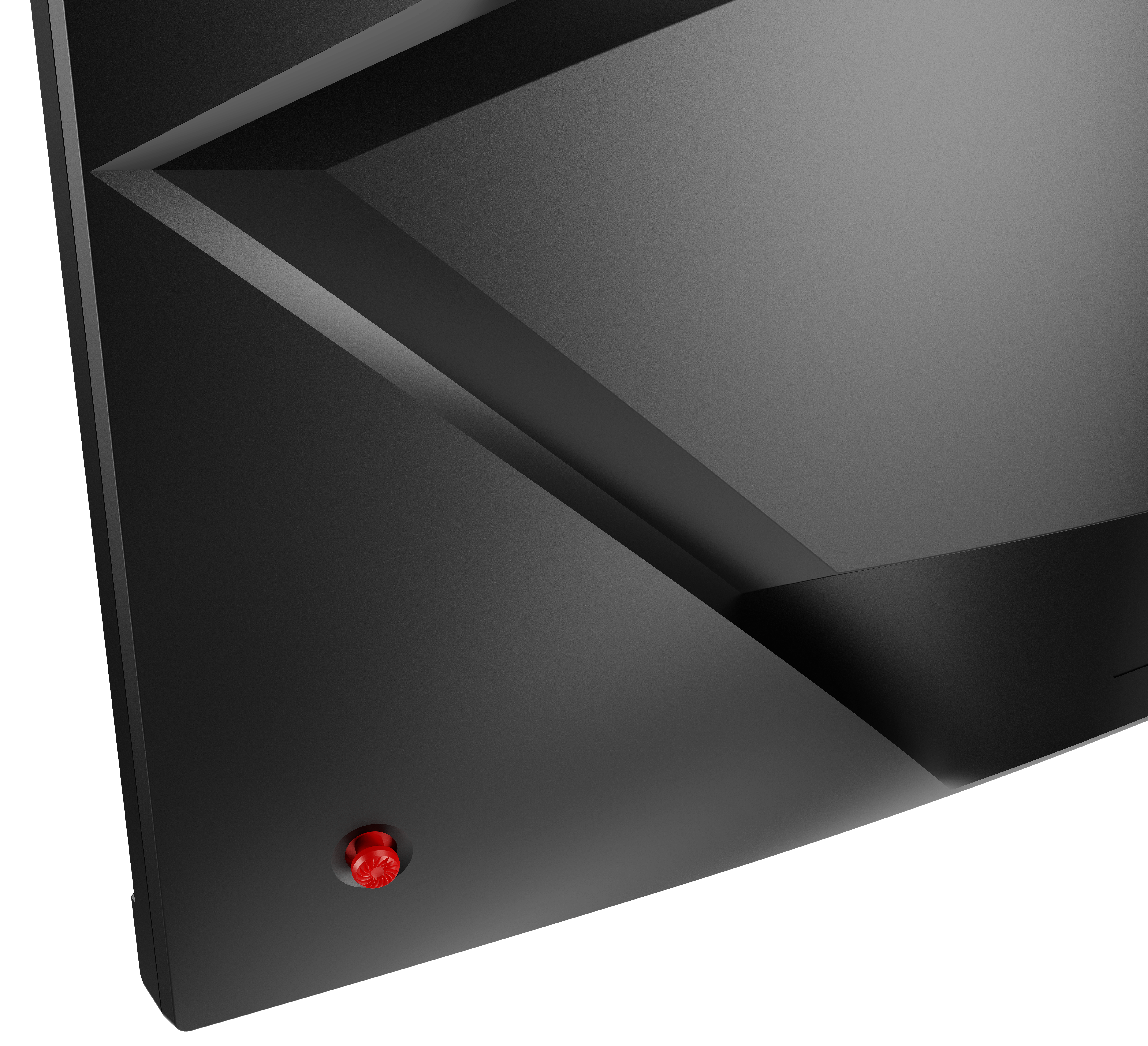 Ecke eines schwarzen Monitors. Abgewinkeltes Design. Roter Power-Knopf. Graue Oberfläche mit Linien.