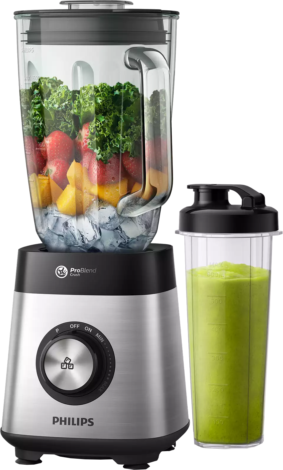 Mixeur avec fruits et glace. Un récipient séparé avec un smoothie vert. Base argentée avec bouton de commande.