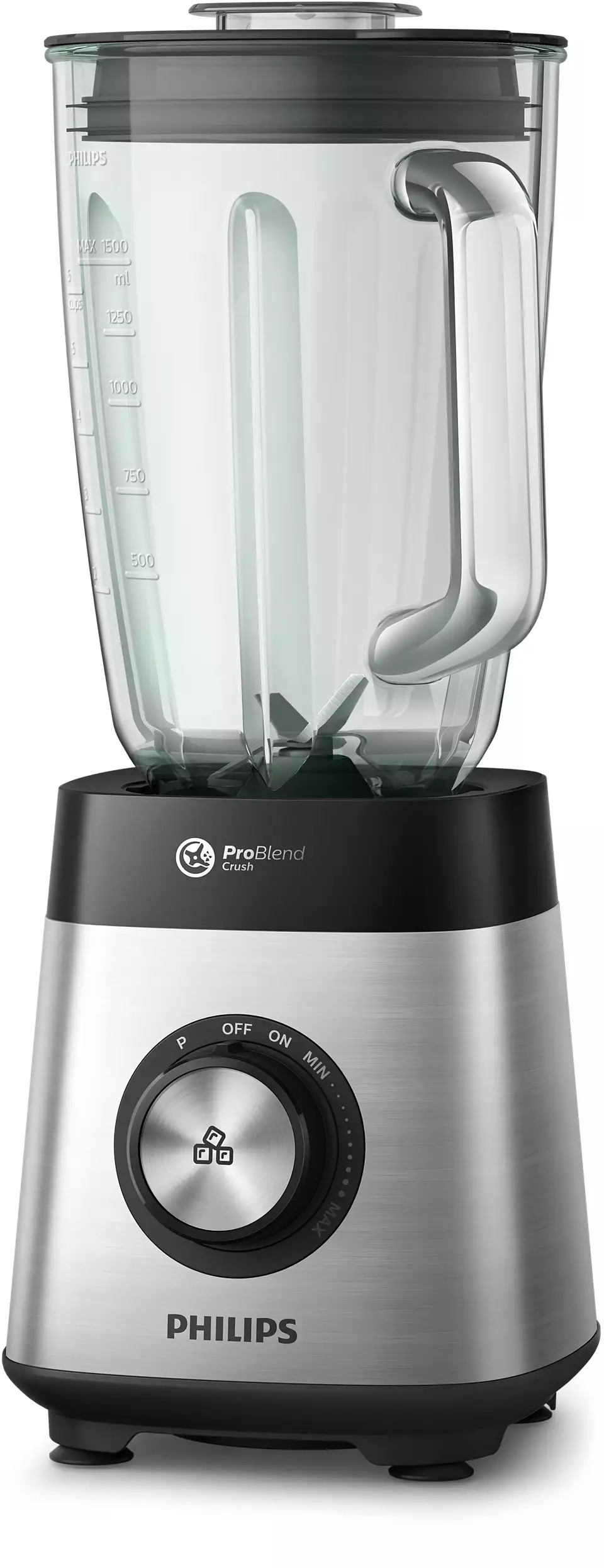 Un blender Philips argenté et noir avec un bocal en verre.