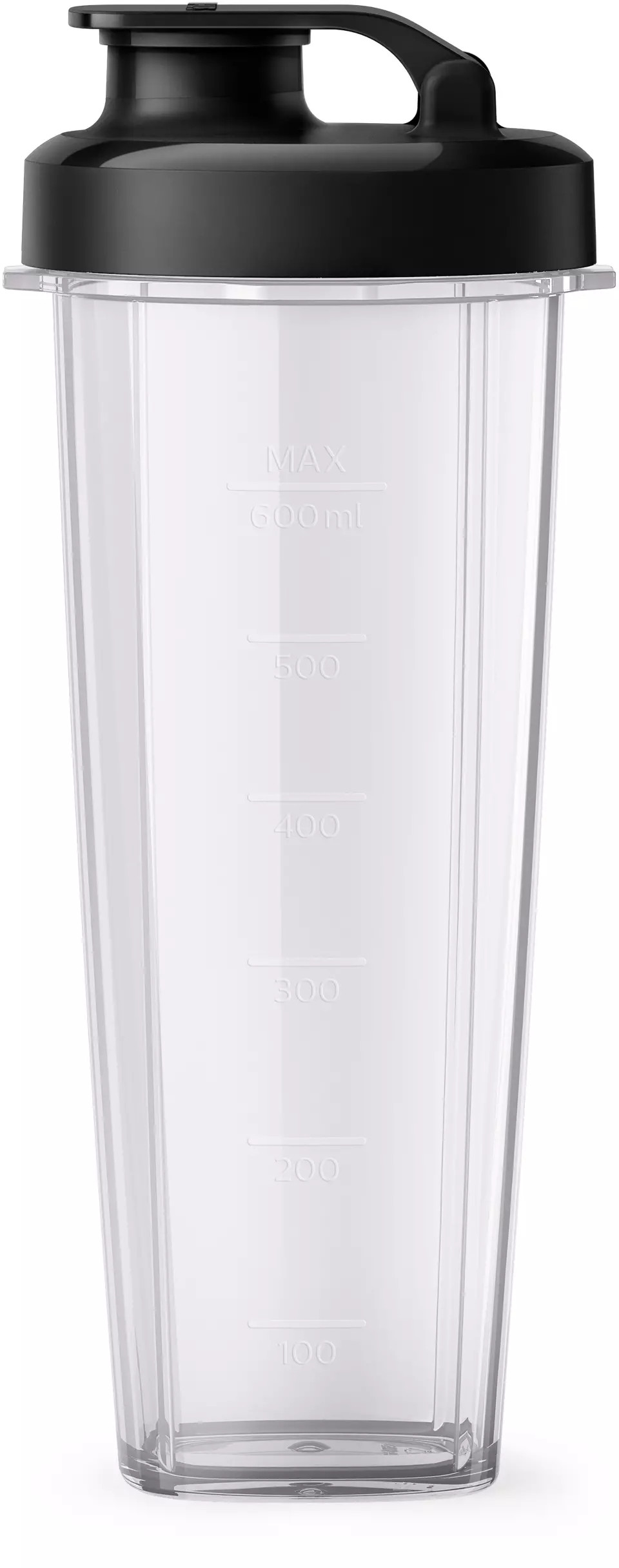 Shaker transparent avec couvercle noir et mesures.