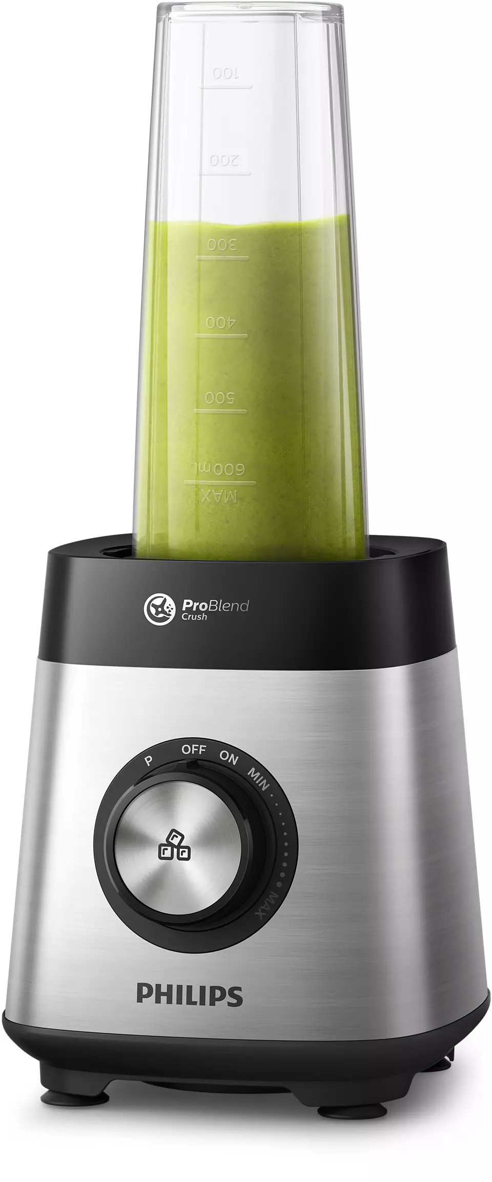 Mixeur argent et noir avec smoothie vert à l'intérieur et un cadran à l'avant.