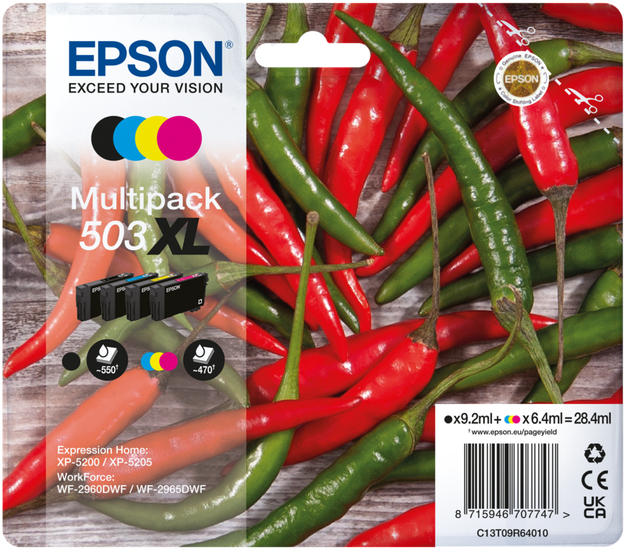 Epson Tintenpatronen-Packung mit Chilischoten als Hintergrund.