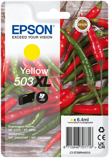 Epson Tintenpatronenverpackung mit Paprika und gelben Kreisgrafiken.