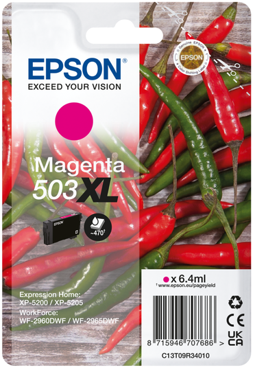 Epson Tintenpatrone mit magenta Tinte, Chilischoten im Hintergrund.
