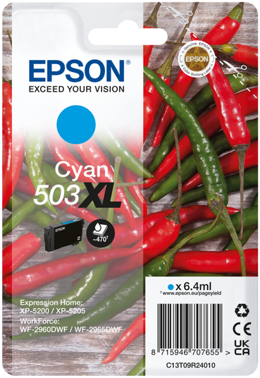 Epson Tintenpatronenpackung, mit roten und grünen Paprika im Hintergrund.