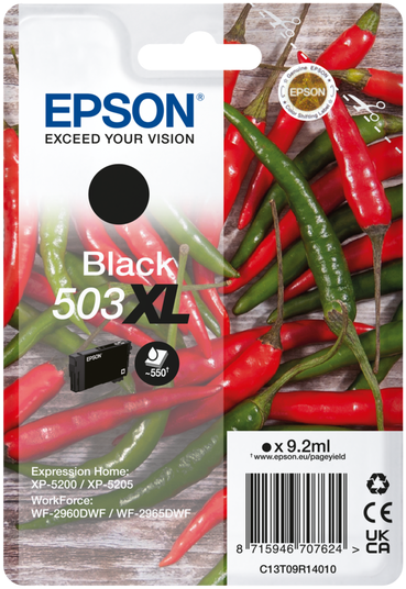 Eine Epson Tintenpatronenverpackung. Sie zeigt die Patrone und Chilischoten im Hintergrund.