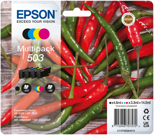 Epson Tintenpatronen-Multipack mit roten und grünen Chilischoten im Hintergrund.