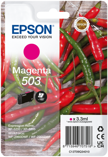 Epson Tintenpatronenverpackung mit magenta Tinte und Chilischoten im Hintergrund.