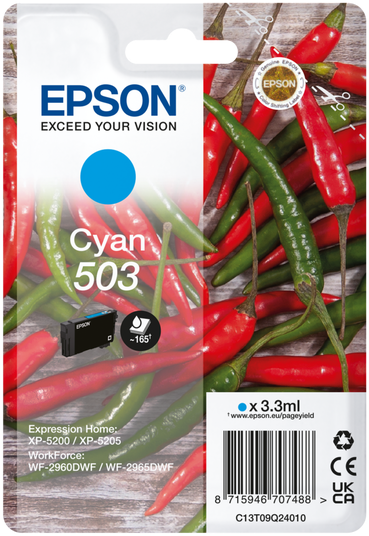 Epson Tintenpatrone, Cyan 503, Hintergrund aus roten und grünen Chilis.