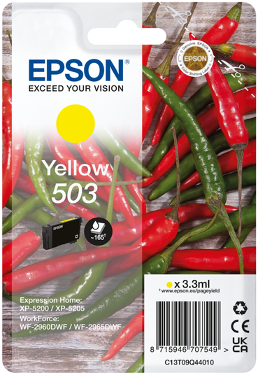 Epson Tintenpatrone mit roten und grünen Chilischoten im Hintergrund.
